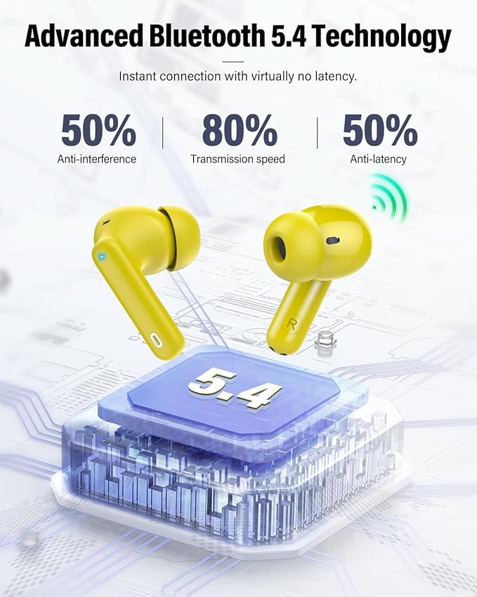 Wireless Earbuds, Bluetooth 5.4 Headphones Bass Stereo, Ear Buds with Noise Cancelling Mic, IP7 Waterproof in Ear Earphones, 36H LED Display Bluetooth Earbuds for Laptop Pad Phones, Golden Yellow