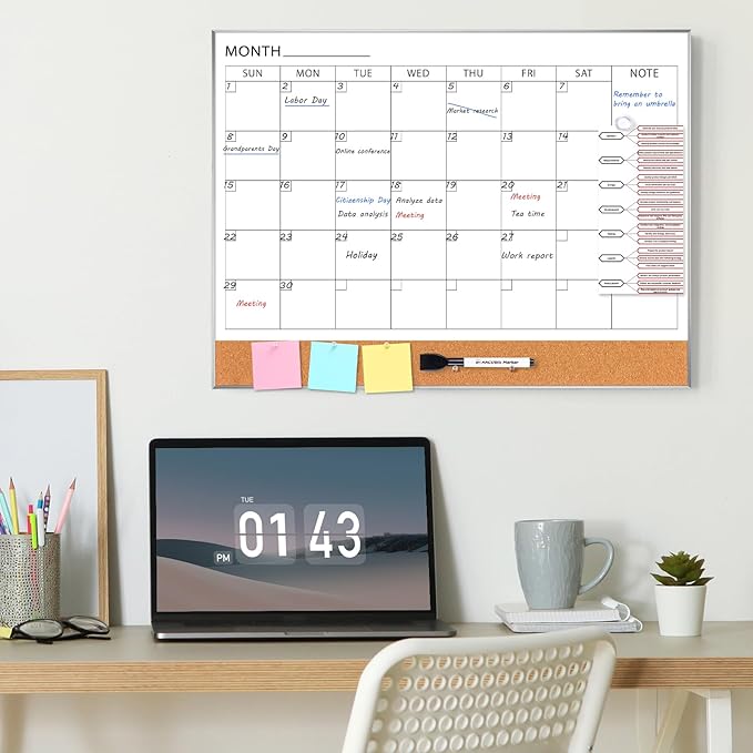 ARCOBIS Dry Erase Calendar with Cork Board for Wall, 24"x 18" Magnetic Calendar Whiteboard with Silver Frame, Monthly Combination Board for School, Home, Office