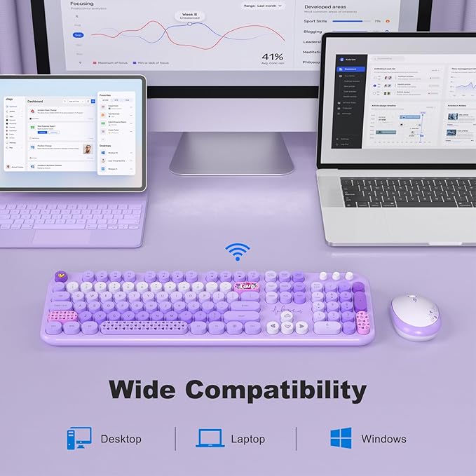 KNOWSQT Wireless Keyboard and Mouse Combo - Lovely Purple Rainbow 2.4G Full-Sized Colorful Keyboards, Round Keycap USB Dongle Plug Play Cute Keyboards for Windows, Laptop, PC, Desktop, Mac