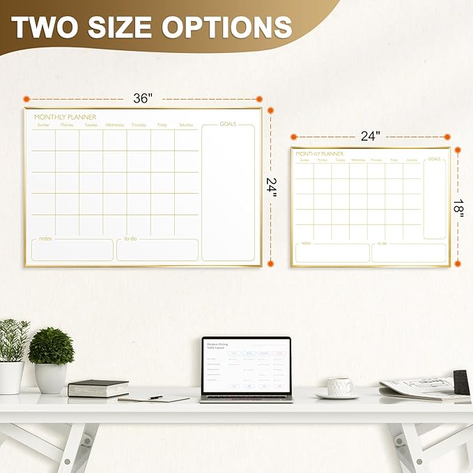 Dry Erase Calendar Whiteboard for Wall, 24'' x 18'' Monthly White Board Planner with Gold Frame, Magetic Hanging Wipe Board for Home Office School Dorm