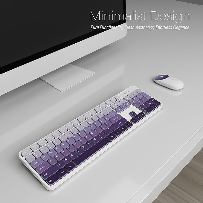 Wireless Keyboard and Mouse Combo - 2.4G Wireless, Rechargeable, Low-Noise, Cute Colorful, Full-Sized, 3 DPI Adjustable Mouse, for Computer, Laptop, PC, Desktop (Gradient Purple)