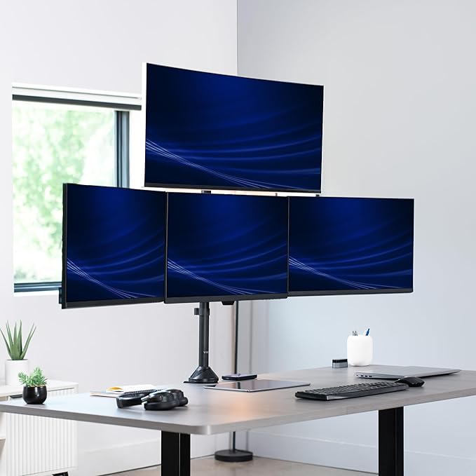 VIVO Premium Quad Ultra Wide LCD LED 27 to 38 inch Monitor Desk Mount, Heavy Duty C-clamp, Extra Tall Pole, Adjustable Telescoping Arms, Flush Wall Setup, Fits 4 Screens, Black, STAND-TS4CT