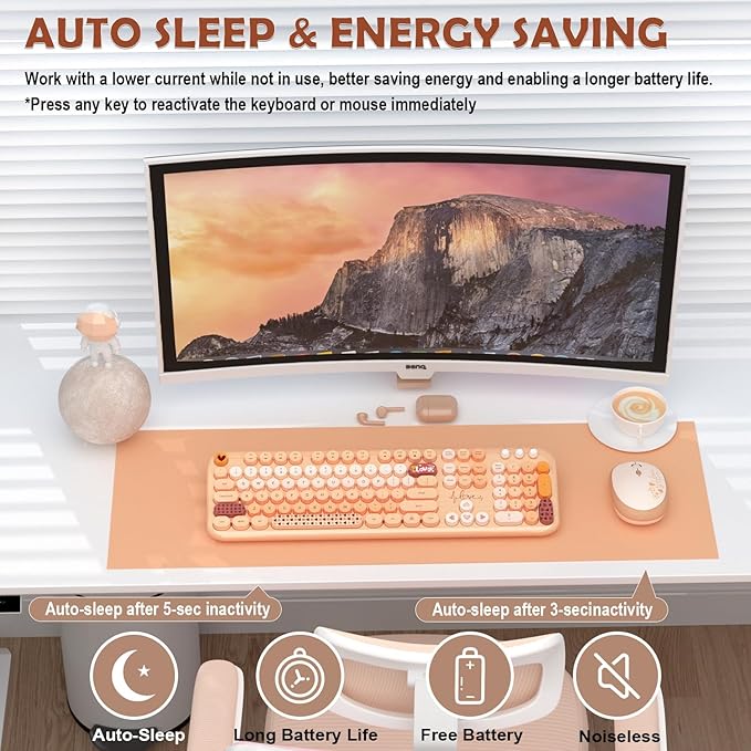 Wireless Keyboard Mouse Combo, Keyboard and Mouse Set,104 Round Keys Colorful Wireless Typewriter for MacBook Windows Laptop Tablet Coffee