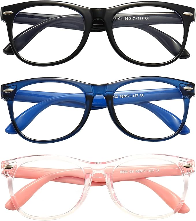 Kids Blue Light Blocking Glasses 3 Pack Fanngo Kids Computer Reading Glasses for Boys And Girls Age 3-9 (Black + Dark blue + Light powder)