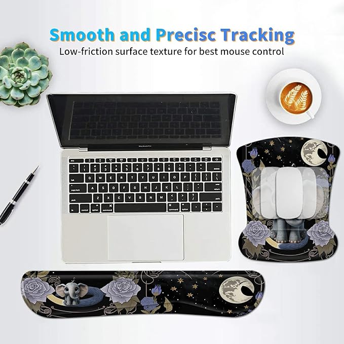 Ergonomic Mouse Pad with Wrist Support Gel Mouse Pads and Upgrade Keyboard Wrist Rest Pad Set, Coasters Non-Slip PU Base Mouse Mat for Office Gaming Computer Laptop Home, Flower Elephant