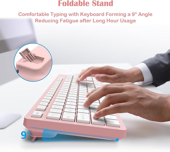 LeadsaiL Pink Wireless Keyboard and Mouse Combo, Full-Sized Ergonomic Computer Keyboard, 2.4GHz Cordless Keyboard Silent Mouse Set with 2-in-1 USB Receiver, 12 FN Shortcuts for Windows Laptop, PC/Mac