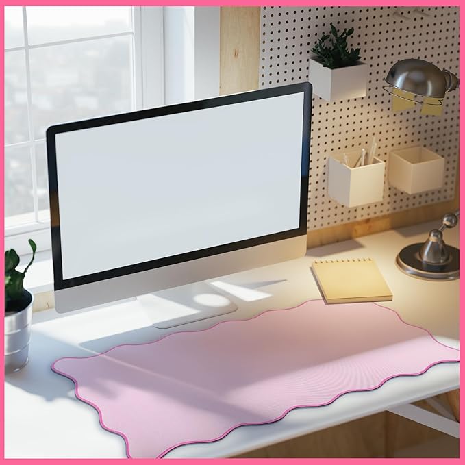 Scalloped Desk Mat Large Scalloped Piping Cute Desk Mat Aesthetic Preppy Table Pad Large Nonslip Pad with Edge Stitching Waterproof Gaming(Pink,31.5 x 15.75 Inches)