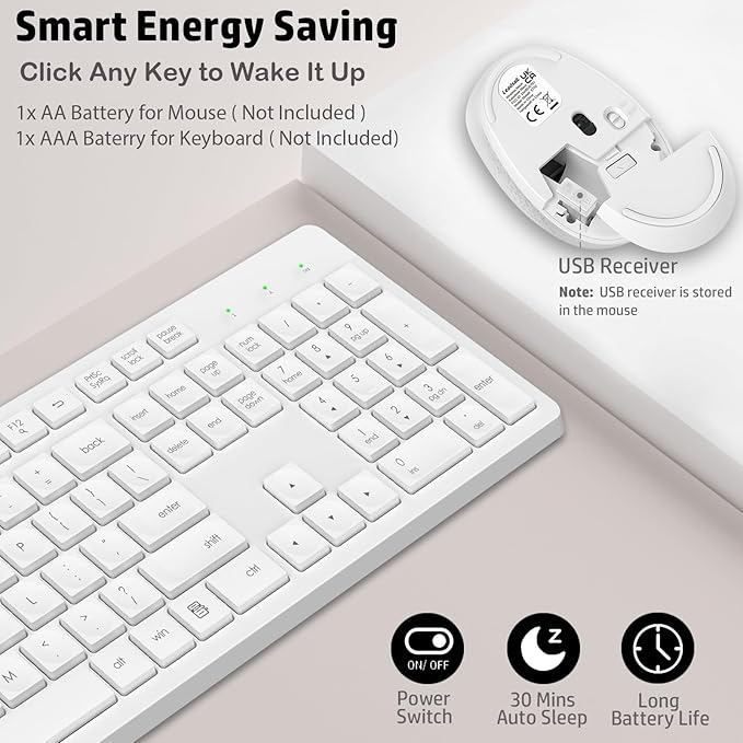 LeadsaiL White Wireless Keyboard and Mouse Combo, Full-Sized Ergonomic Computer Keyboard, 2.4GHz USB Cordless Keyboard Silent Mouse Set, 12 FN Shortcuts for Windows MacOS Laptop Computer
