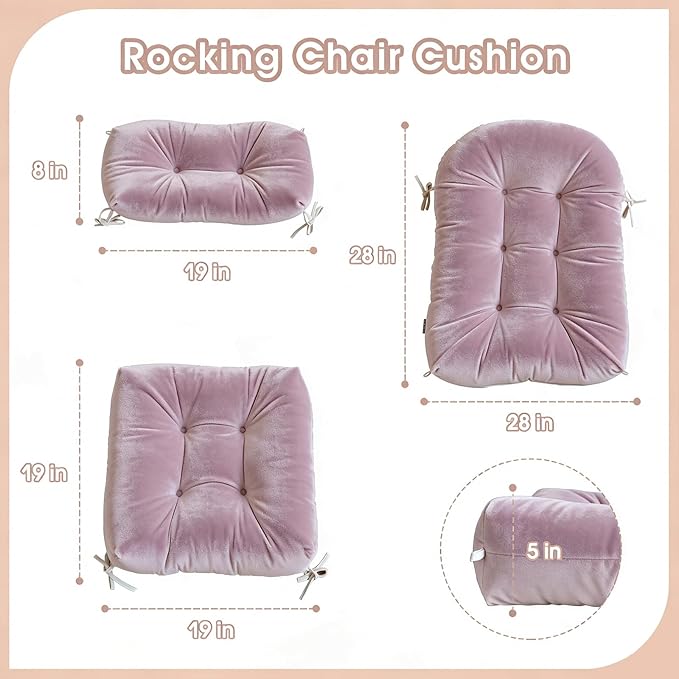 Rocking Chair Cushion Indoor Large Chair Pads Set with Ties Extra Lumbar Pillow Premium Dutch Velvet High Resilience Filler Non-Slip Bottom, Pink