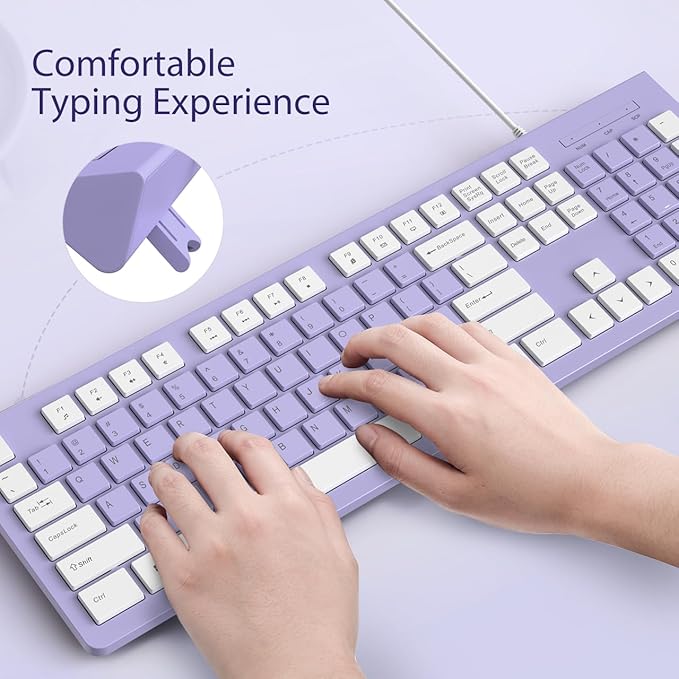 Wired Keyboard, Ultra-Thin USB Wired Computer Keyboard, Low-Profile Keys, Spill-Resistant, Multimedia Keys, Compatible with Windows, Mac, Chrome, Linux, and Android-Purple