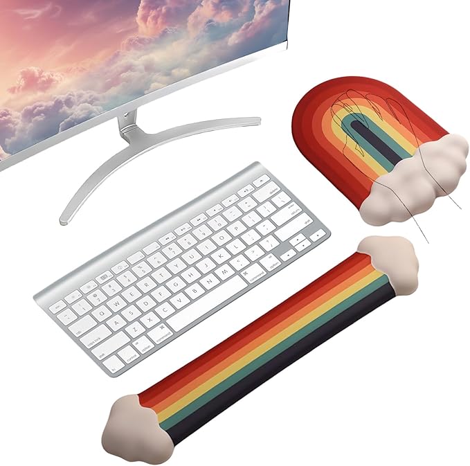 Gel Cloud Keyboard Wrist Rest Cute Rainbow Mouse Pad with Wrist Rest for Computer Keyboard and Mouse Pad Set PU Base Silicone Ergonomic White Cloud Wrist Pad Support for Gaming Desk Laptop Home Office