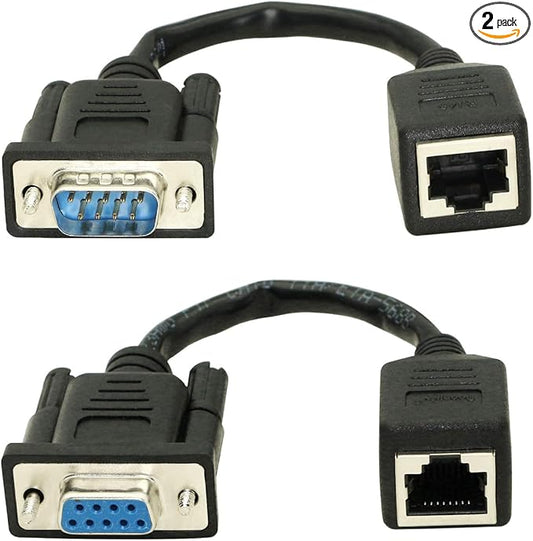 XMSJSIY DB9 RS232 to RJ45 Extender, DB9 9-Pin Serial Port Female&Male to RJ45 CAT5 CAT6 Ethernet LAN Extend Adapter Cable-2pcs (2-Cable)
