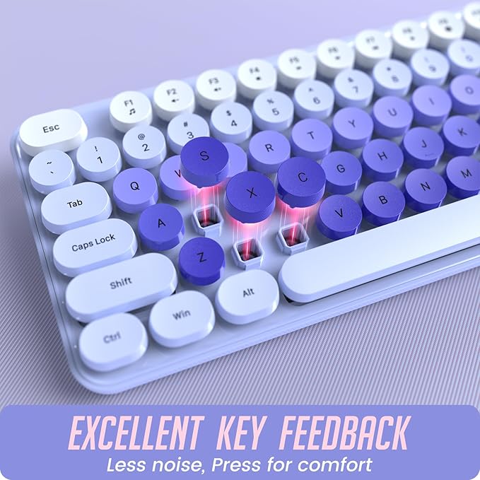 Wireless Keyboard and Mouse, Silent Keyboard Mouse Combo, Full-Sized Colorful Typewriter Keyboard with Round Keycaps, 2.4G Cute Mouse Compatible with PC/Laptop/Computer(Purple)