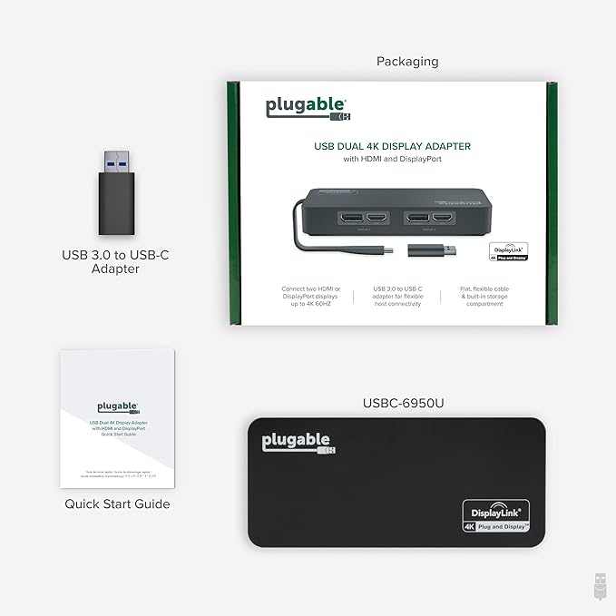 Plugable 4K DisplayPort and HDMI Dual Monitor Adapter for USB 3.0 and USB-C, Compatible with Windows