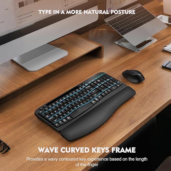 Wireless Keyboard and Mouse Combo, Wave Keys Full-Sized Ergonomic Keyboard with Cushioned Plam Rest, Phone Holder, Comfortable Natural Typing, 2.4G Cordless Set for Computer, Laptop, PC, Mac, Windows