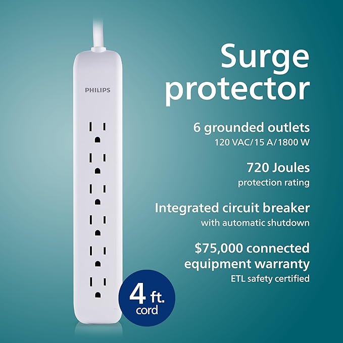 Philips 6 Outlet Power Strip Surge Protector, 4ft Power Cord, Flat Plug, Wall Mount, 720 Joules, ETL Listed, Circuit Breaker, Automatic Shutdown, White, SPP3064WE/37