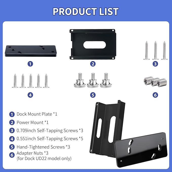 Under Desk Mount for Dell WD19 / WD19S / WD19TB / WD19TBS / WD19DCS / WD22TB4/UD22 Docking Station + Power Bricks(for Original180W & 130W)- Docking Station and Power Bricks Mount Holder Kit