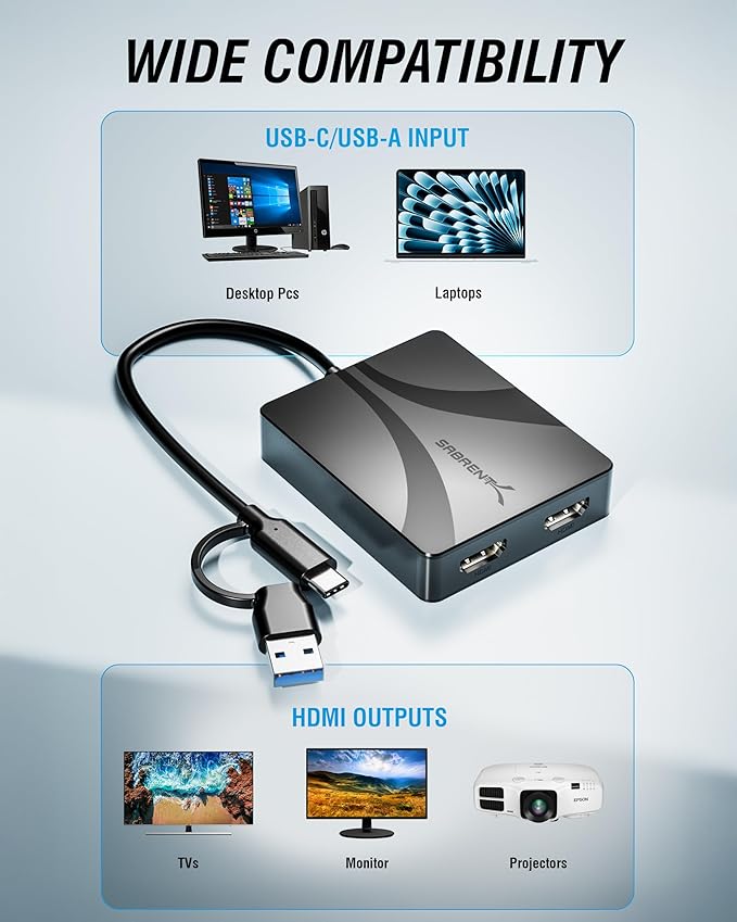 SABRENT USB C Dual HDMI Adapter 4K 60Hz, DisplayLink Dual Monitor Adapter, USB C & USB A, Mac M1 M2 M3, Windows macOS Linux (DA-CA2H)