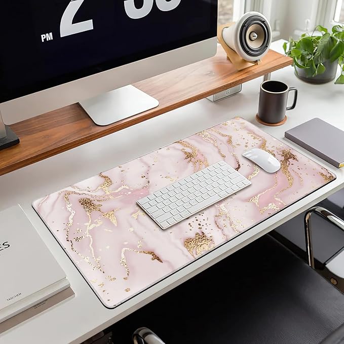 Large Gaming Mouse Pad for Desk, Gold Pink Marble Desk Mat for Desktop, Non-Slip Rubber Base Stitched Edges Long Computer Keyboard Mouse Mat Desk Pad for Home Office Gaming 35.4"X15.7"