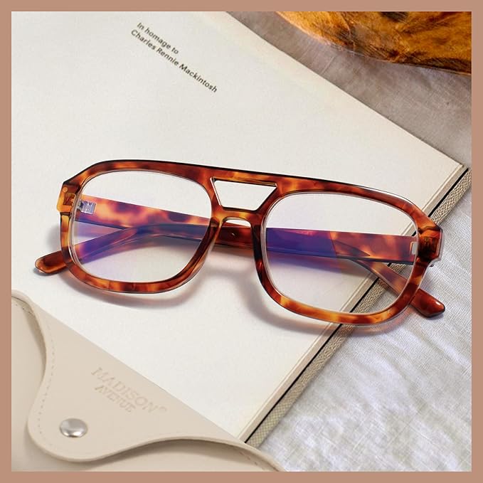 Madison Avenue Retro Aviator Blue Light Blocking Glasses for Women Men with Case, Trendy Rectangle Computer Eyeglasses