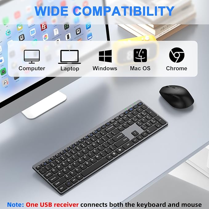 Wireless Keyboard and Mouse Combo, Full Size Silent Ultra Thin Keyboard with Magnetic Wrist Rest, Optical Mouse, 2.4G Lag-Free Cordless Mice Keyboard Set for Computer, Mac, Laptop, PC, Windows