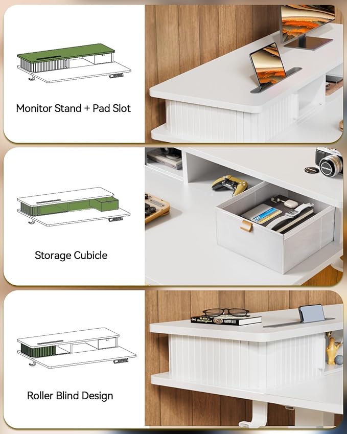 JOY worker Small Electric Standing Desk, 35" x 25" Height Adjustable Desk with Built-in Monitor Stand & Storage Drawer, White Sit Stand Table with 2 Hooks for Home Office