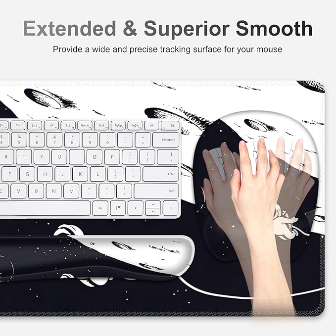 Large Mouse Pad, Keyboard Wrist Rest Set, Ergonomic, Non-slip, Washable, Wrist Support, Waterproof, 35.4 x 16 inches, Space Astronaut