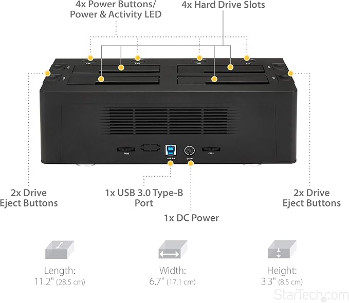 StarTech.com 4-Bay USB 3.0 To SATA Hard Drive Docking Station, USB Hard Drive Dock, External 2.5/3.5" SATA III SSD/HDD Docking Station, Hot-Swap Hard Drive Bay, Top-Loading (SDOCK4U33),Black