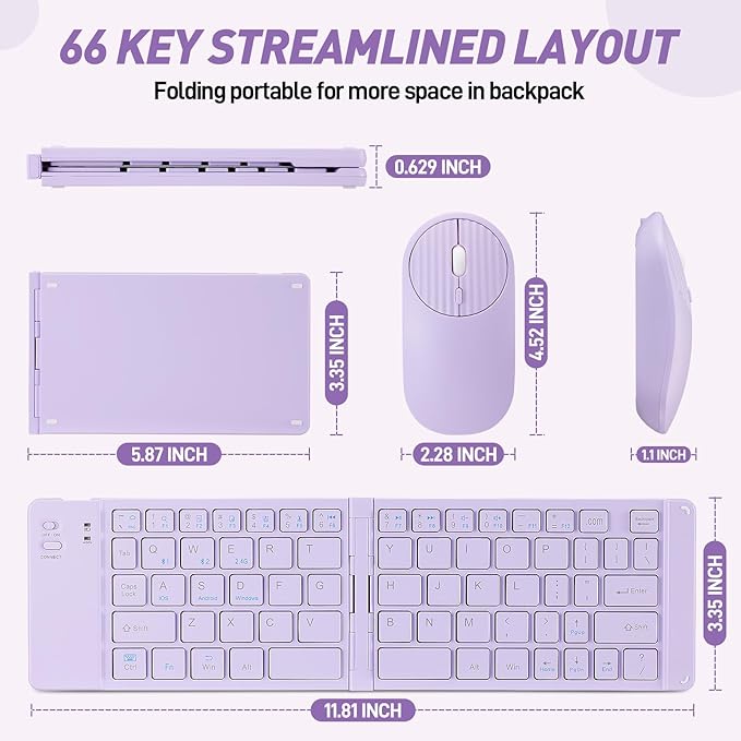 Foldable Mini Rechargeable Bluetooth Keyboard and Mouse Combo, 2.4G Wireless and Bluetooth,(Sync Up to 3 Devices), Ultra-Slim Travel Folding Keyboard for iPhone iPad Mac Android Windows iOS(Purple)