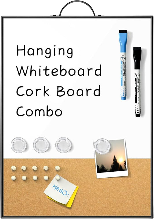Small White Board Cork Board Combo, 16"x12" Black Aluminum Frame with Handle for Wall Hanging, Dry Erase Magnetic Whiteboard with Cork for Office Home School, Includes Markers Pins Magnets