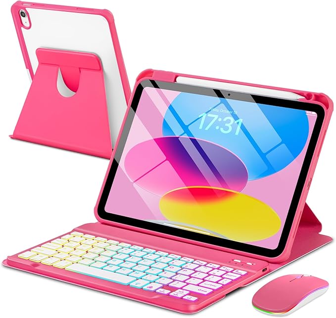 Case with Keyboard Mouse for iPad A16 11th 10th Generation 11/10.9 inch,Rainbow Backlit Detachable Keypad Rotatable Magnetic Cover Pencil Holder for iPad 11 2025 10 Gen 2022 Watermelon Red