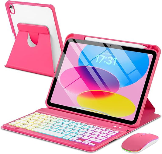 Case with Keyboard Mouse for iPad A16 11th 10th Generation 11/10.9 inch,Rainbow Backlit Detachable Keypad Rotatable Magnetic Cover Pencil Holder for iPad 11 2025 10 Gen 2022 Watermelon Red