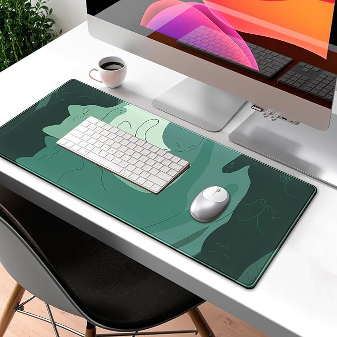 Cute Green Cat Desk Mat Extended Mouse Pad Large Gaming Mousepad XL Long Desk Pad Minimalist Laptop Keyboard Pad Deskmat Deskpad Desktop Mouse Mat Big 31.5"x11.8" with Stitched Edges