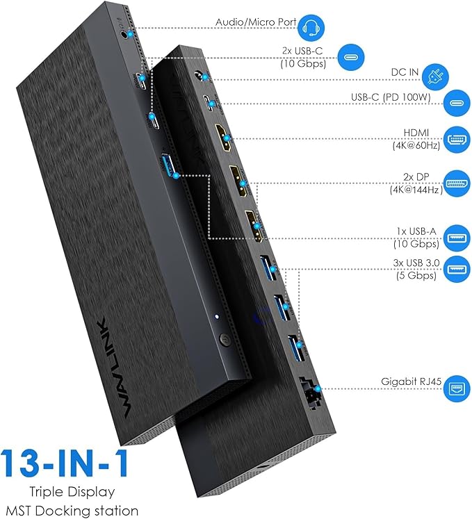 Laptop Docking Station, Docking Station 3 Monitors with 2* DP+HDMI, 4K@144Hz,130W PD Charger, USB-C/A 10Gb, 3* USB-A 5Gb, Audio, Gigabit Ethernet for Lenovo HP Dell, Windows System Computer