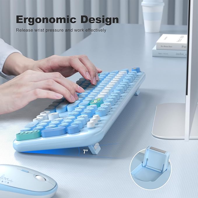 KNOWSQT Wireless Keyboard and Mouse Combo - Lovely Blue Rainbow 2.4G Full-Sized Colorful Keyboards, Round Keycap USB Dongle Plug Play Cute Keyboards for Windows, Laptop, PC, Desktop, Mac