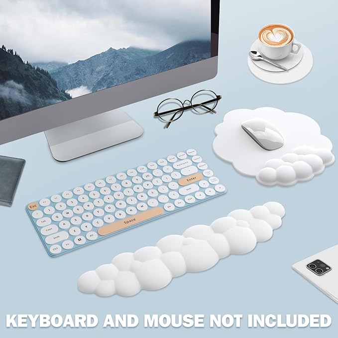 Cloud Keyboard Wrist Rest and Mouse Pad with Wrist Support Set, Ergonomic PU Leather Mouse Pads, Pain Relief Memory Foam Non-Slip Mousepad for Computer,Laptop,White
