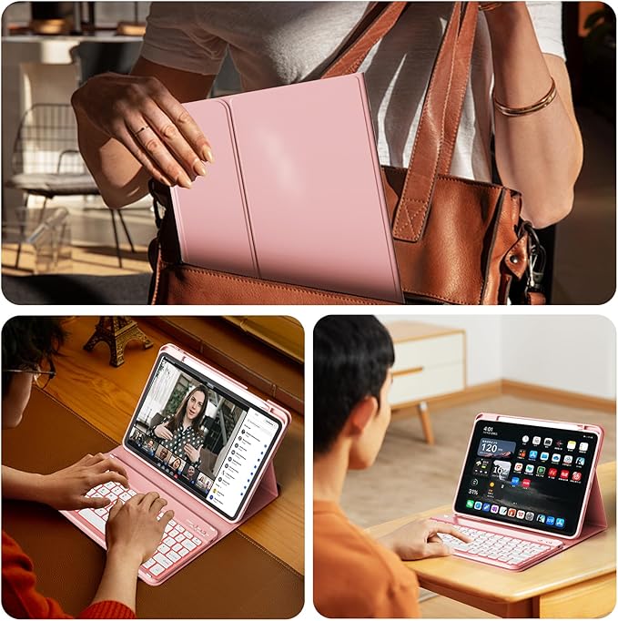 for iPad (A16) 11th Generation 2025 11-inch/10th Generation 2022 10.9 inch with Keyboard, 7 Colors Backlit Square Keycaps, Detachable Wireless Bluetooth Keyboard Case with Pencil Holder,LightPink