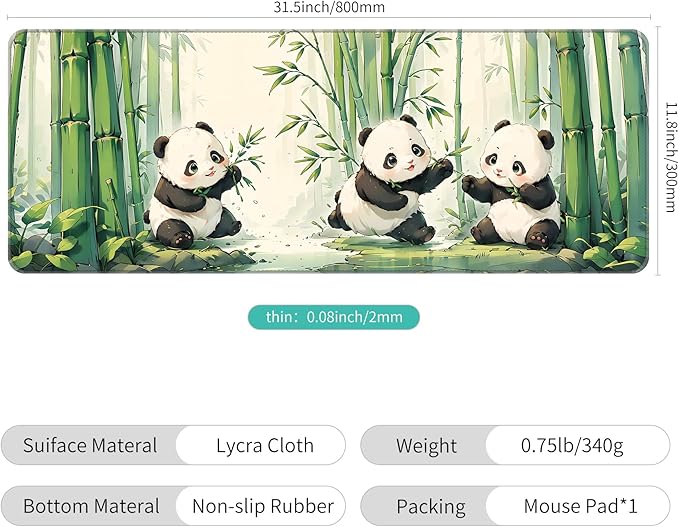 Dynippy Thin Extended Gaming Mouse Pad （31.5 * 11.8 * 0.08 inch） with Stitched Edges Large Mousepad Long XXL Keyboard and Mouse pad Desk Mat for Gaming Office & Home - Cute Panda