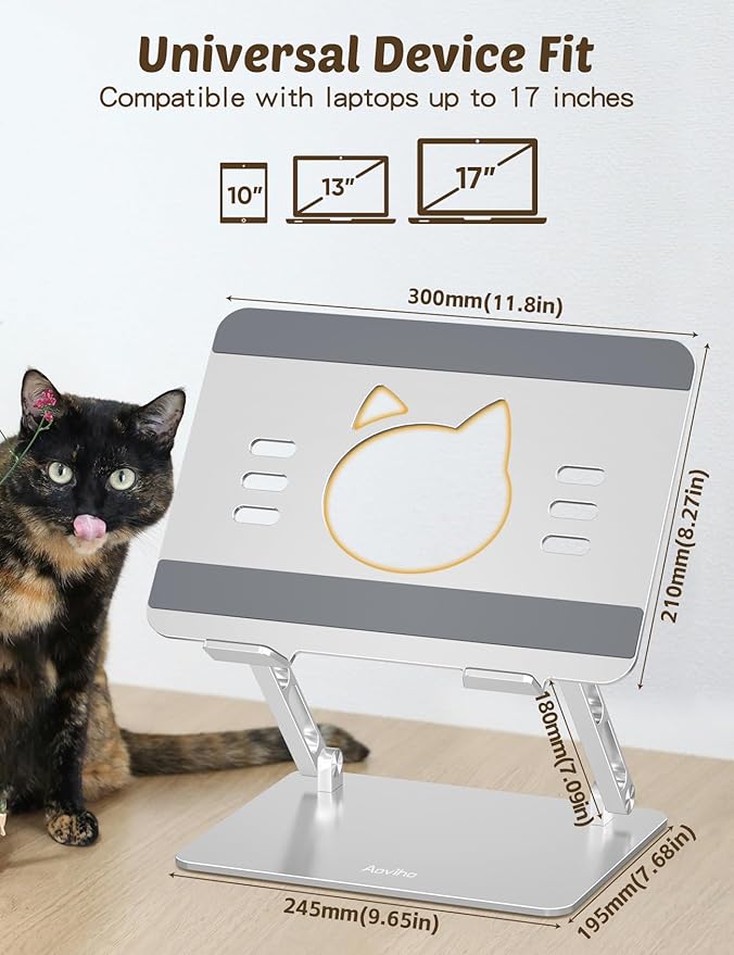 Laptop Stand for Desk – Adjustable Aluminum Laptop Riser with Unique Cat-Shaped Cooling Vent, Portable Desk Gift & Decor, Compatible with MacBook Air Pro, Dell, HP, Lenovo (10"-17.3"), Silver