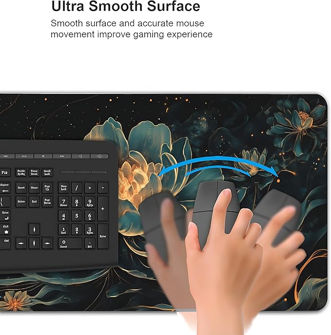 Floral Aesthetic Lotus Gaming Mouse Pad, Black Gold Chinoiserie Desk Mat with Anti-Slip Base & Stitched Edges, Office Supplies & Desk Decor for Women, 35.4" x 15.7" in Home Office Essentials
