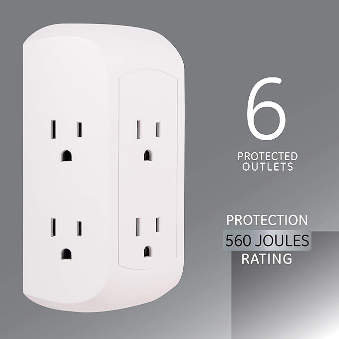 GE Pro 6-Outlet Extender, Surge Protector, Spaced Wall Tap, Side-Access, 3-Prong Power Strip, Charging Station, 560 Joules, UL Listed, White, 43648