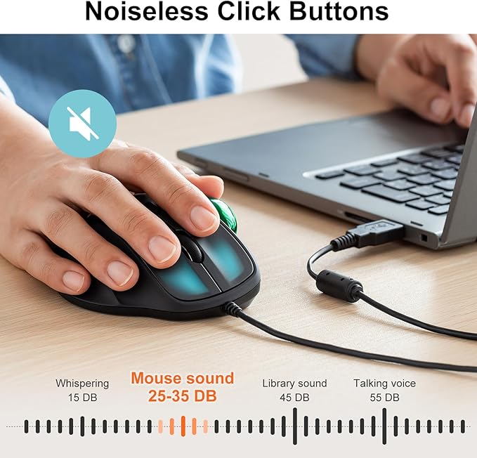SANWA Wired Ergonomic Trackball Mouse, Optical Vertical Rollerball Mice, Silent Buttons, 34mm Trackball, 600/800/1200/1600 DPI, Compatible with MacBook, Laptop, Computer, Windows, macOS, Green