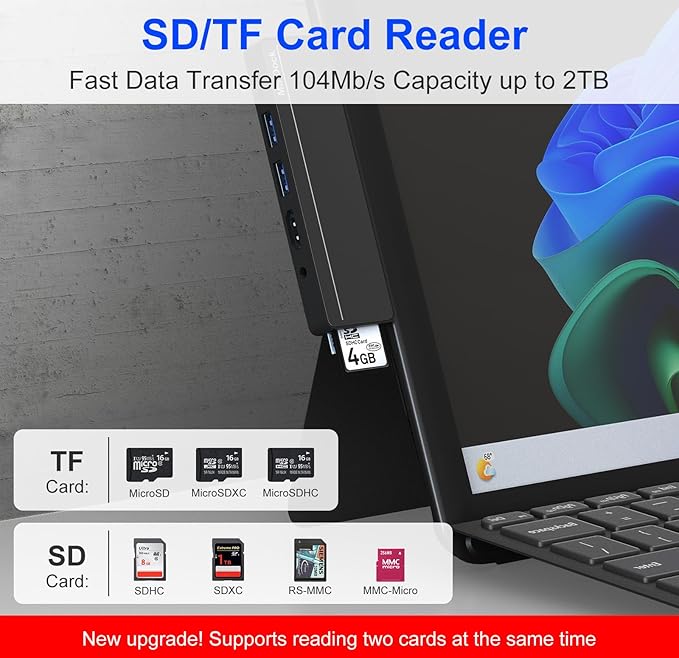 Surface Pro 8/9/X/10 Dongle - Surface Pro 9 Adapter with 4K HDMI, Thunderbolt 4 (8K@30Hz Video+40G Data+100W PD), USB 3.0, SD/TF Reader, 3.5mm Audio Surface Pro 9 Docking Station Hub