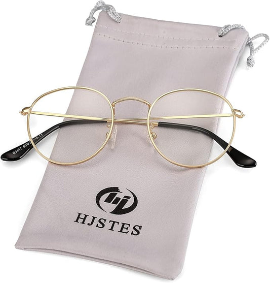 HJSTES Round Blue Light Glasses for Women Men Retro Circle Clear Lens Metal Frame Eyeglasses