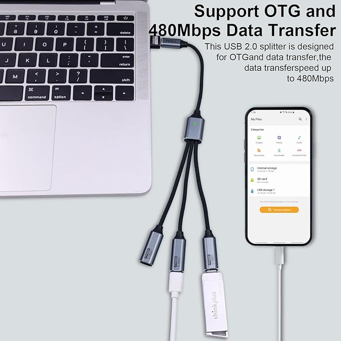 Danfetsoy USB C Splitter 1 in 3 Out Cable, USB C Y Splitter 1 Male to 3 Female Charging Cable & Type A Male to Type C Female Adapter Extension Converter for Laptop, MacBook, Phone, Hard Drive, 25cm