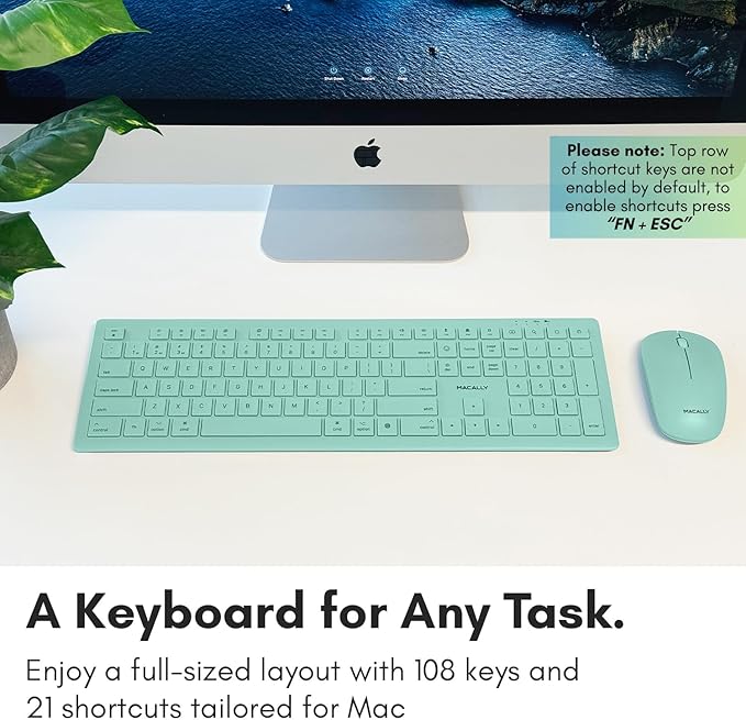 Macally Wireless Keyboard and Mouse Combo for Mac mini/Pro, iMac, MacBook, iPad, iPhone - Compatible Bluetooth Apple Keyboard and Mouse Combo (Multi Device, Rechargeable, Emoji Keys) - Light Green