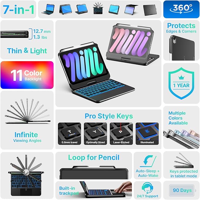 typecase Keyboard Case for iPad mini 7 (2024) & mini 6 (2021) - Wireless Case with Keyboard for iPad mini 7th 6th Generation 8.3" - 11 Colors Backlit Keyboard Cover with Trackpad - Black