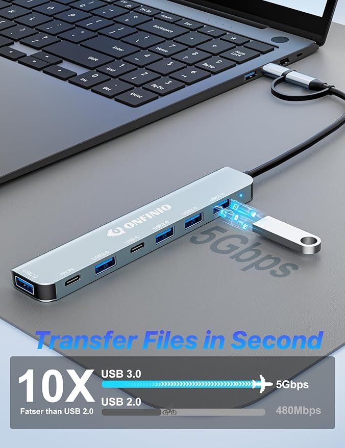 USB C/USB Hub Multiport Adapter,7 in 1 Aluminum USB 3.0 Hub with 1 *USB 3.0, 4*USB 2.0,1*USB C and 1 * 5IN Power Port for PC/Laptop/MacBook/iPad Pro and More Devices