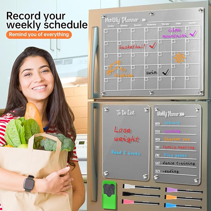 Acrylic Magnetic Dry Erase Board for Fridge, Set of 3 Transparent Monthly & Weekly Planning Boards, Includes 6 Dry Erase Markers, 1 Eraser and Magnetic Pen Holder