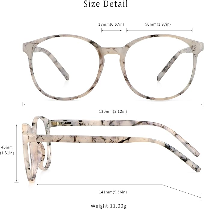 LifeArt Round Blue Light Blocking Glasses, Computer Glasses, Gaming Glasses, TV Glasses for Women Men (Marble, 0.25 Magnification)